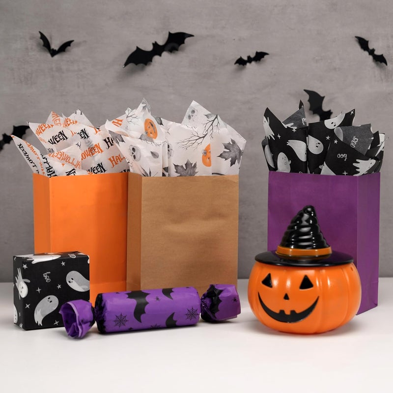 ROSYJUNE 120 Sheets Halloween Tissue Paper for Gift Bags, 20" x 14" Black Orange Purple Wrapping Tissue Paper with Ghost Bat Pumpkin Maple Leaf Pattern for Halloween Decoration - Image 3